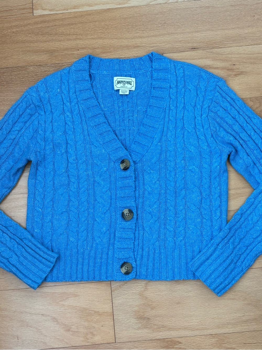 American Eagle Cable Knit Cardigan XS Blue Cropped Button Front Sweater V-neck